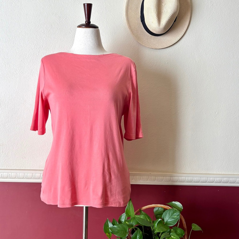 Charter Club Luxury Pima Cotton Boat Neck Top Coral Pink 1X Elbow Sleeve Staple